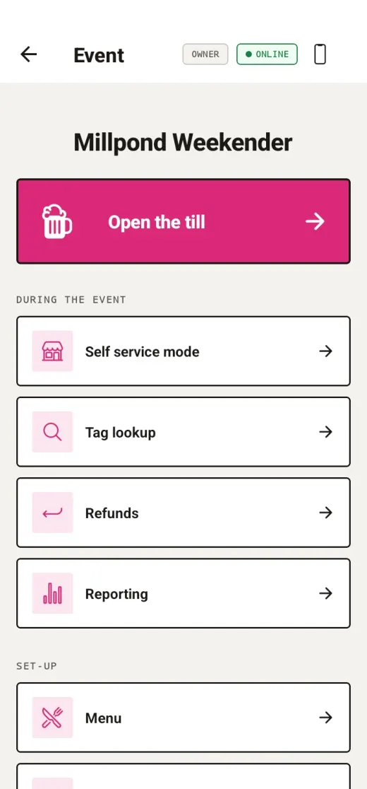 The Plink event screen for the Millpond Weekender, with a large Open the till button above links to self service mode, tag lookup, refunds, reporting and the menu editor.