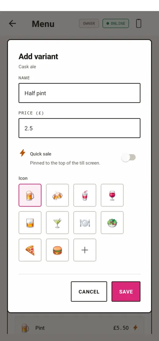 The Plink menu editor adding a half pint variant of cask ale at 2.50, with a quick sale toggle and a grid of icons to choose from.