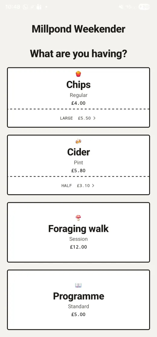 A self service menu offering chips, cider, a foraging walk session at 12.00 and a programme at 5.00, showing that a menu need not be food and drink.