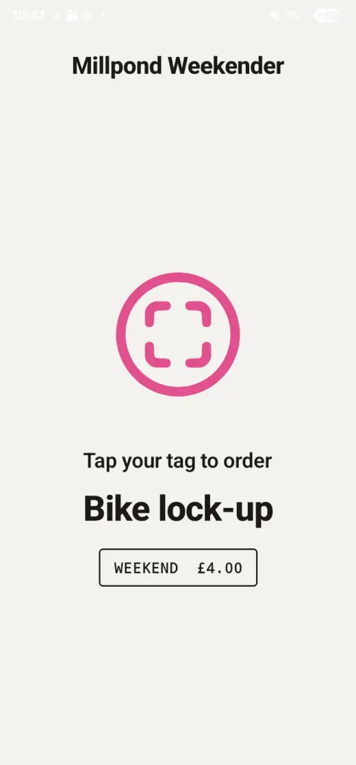 Plink in self service mode, asking the customer to tap their tag to order a bike lock-up for the weekend at 4.00.