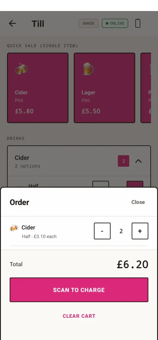 The Plink till screen with quick sale tiles for cider and lager, an order of two half pints totalling 6.20, and a Scan to charge button.